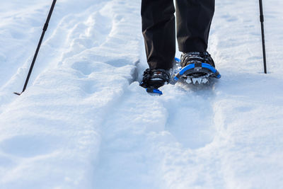 Low section of person walking on snow