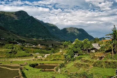 Scenic view of landscape and mountains against sky