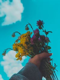 Low angle view of person holding flowering plant against blue sky