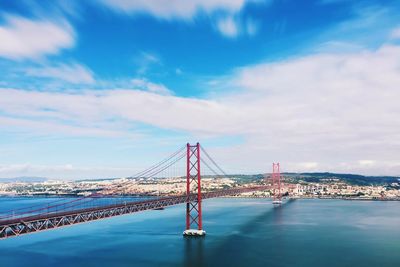 View of suspension bridge against cloudy sky