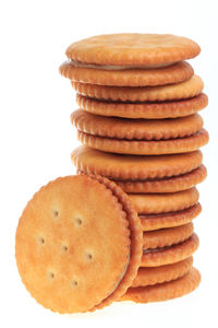 Close-up of cookies against white background