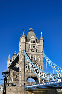 Low angle view of eiffel tower against clear blue sky