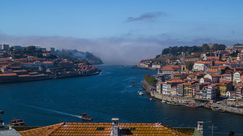 High angle view of city at waterfront