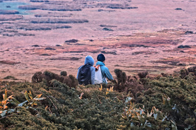 Rear view of a couple on rock