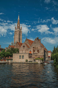 Buildings at waterfront against cloudy sky