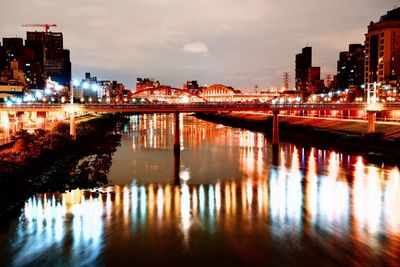 Reflection of illuminated buildings in river at night