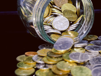 Close-up of coins in glass jar on table