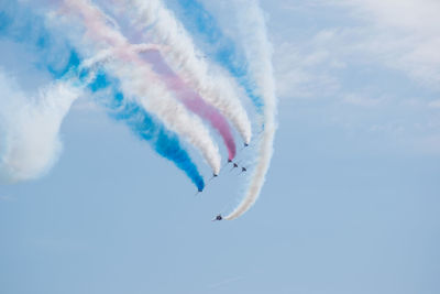 Low angle view of airplane flying against sky