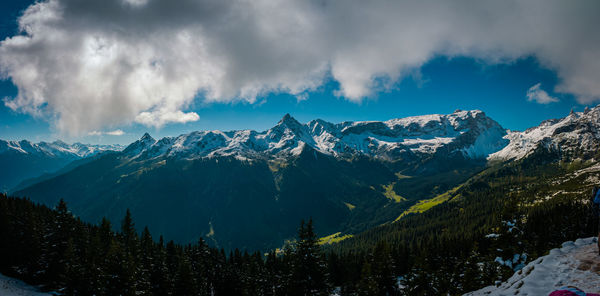 Panoramic view of snowcapped mountains against sky