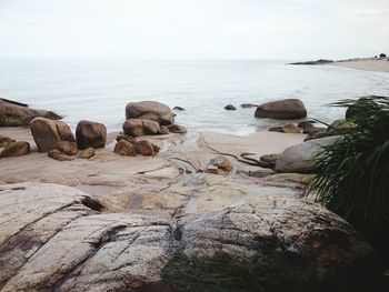 Rocks on sea shore against sky