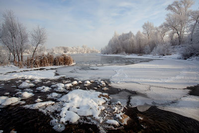 Frozen river against sky during winter