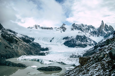 Glacial lake with snowcapped mountain in the background