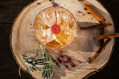 High angle view of christmas decorations on table