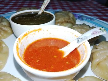 High angle view of soup in bowl on table