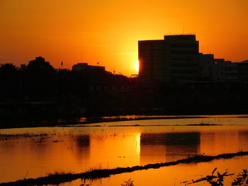 Silhouette of buildings at sunset