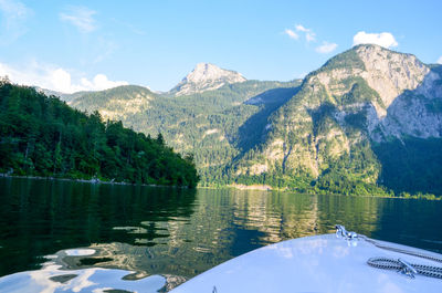 Scenic view of lake by mountains against sky