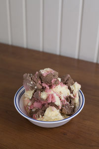 Large bowl of chocolate, vanilla and strawberry ice cream