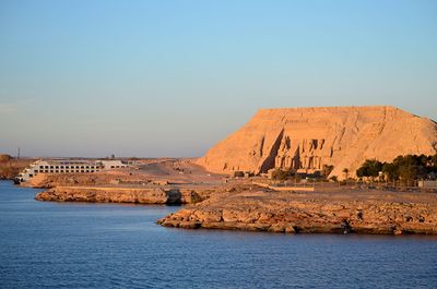 Scenic view of sea against clear blue sky