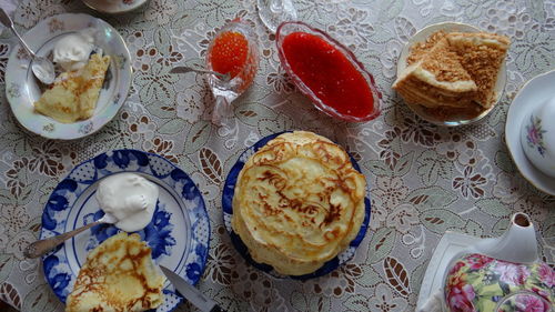 High angle view of cupcakes on table