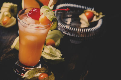 High angle view of drink on table