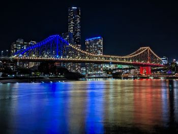 Illuminated bridge over river at night