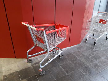 High angle view of shopping cart against wall