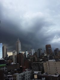 Modern cityscape against cloudy sky