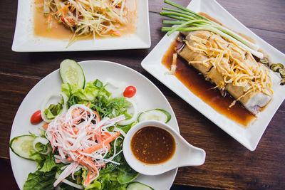 High angle view of meal served on table