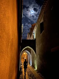 Rear view of man walking on alley amidst buildings in city