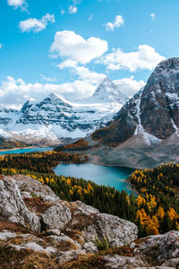 Scenic view of snowcapped mountains against blue sky