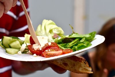 Midsection of man holding vegetables on plate