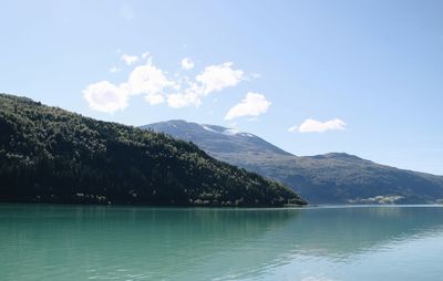 Scenic view of lake by mountains against sky