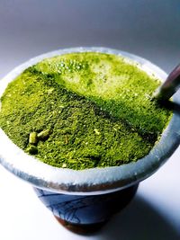 High angle view of drink against white background