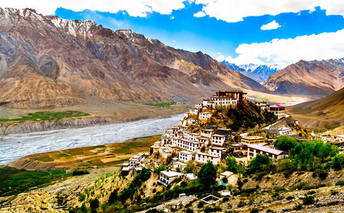 A view of the ancient key monastery built atop a hill at an altitude of 13,668 feet above sea level.