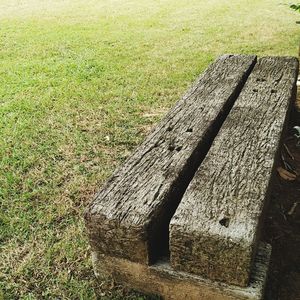 High angle view of wood on field