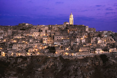 High angle view of illuminated buildings in city