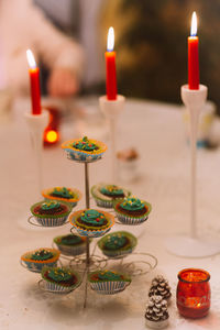 Close-up of candles on table