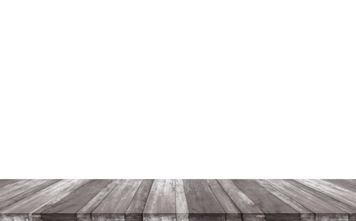 Low angle view of wooden floor against clear sky