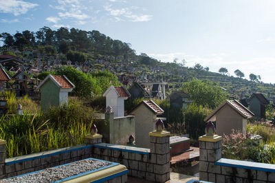 Houses and trees against sky