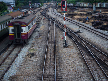 High angle view of railroad tracks in city