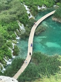 Aerial view of people on footbridge over lake