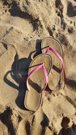 High angle view of toy shoes on sand
