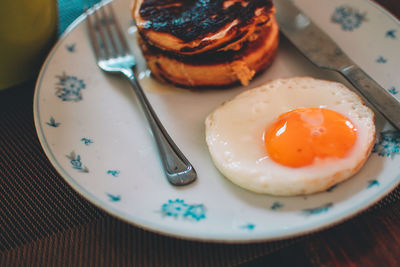 High angle view of breakfast served on table