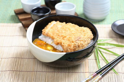 High angle view of food in bowl on table