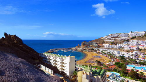 Panoramic view of sea against blue sky