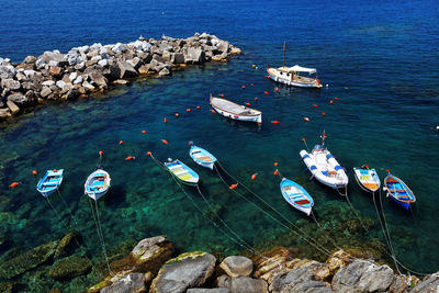 High angle view of boats moored on sea