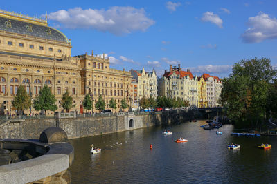 Buildings at waterfront against cloudy sky