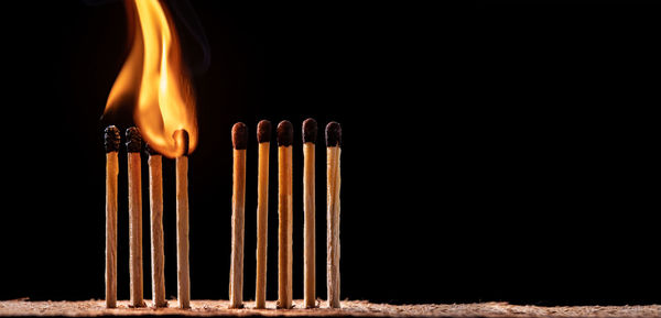 Close-up of burning candle against black background