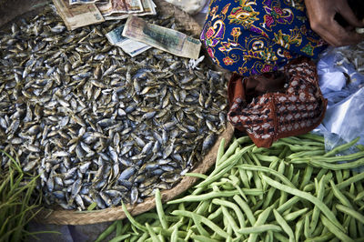Low section of woman standing on display at market