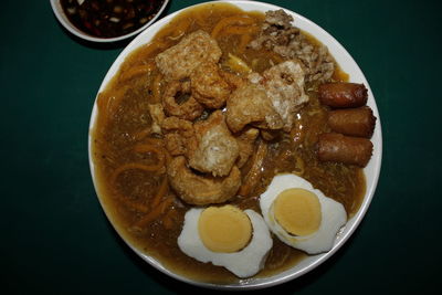 High angle view of breakfast served on table